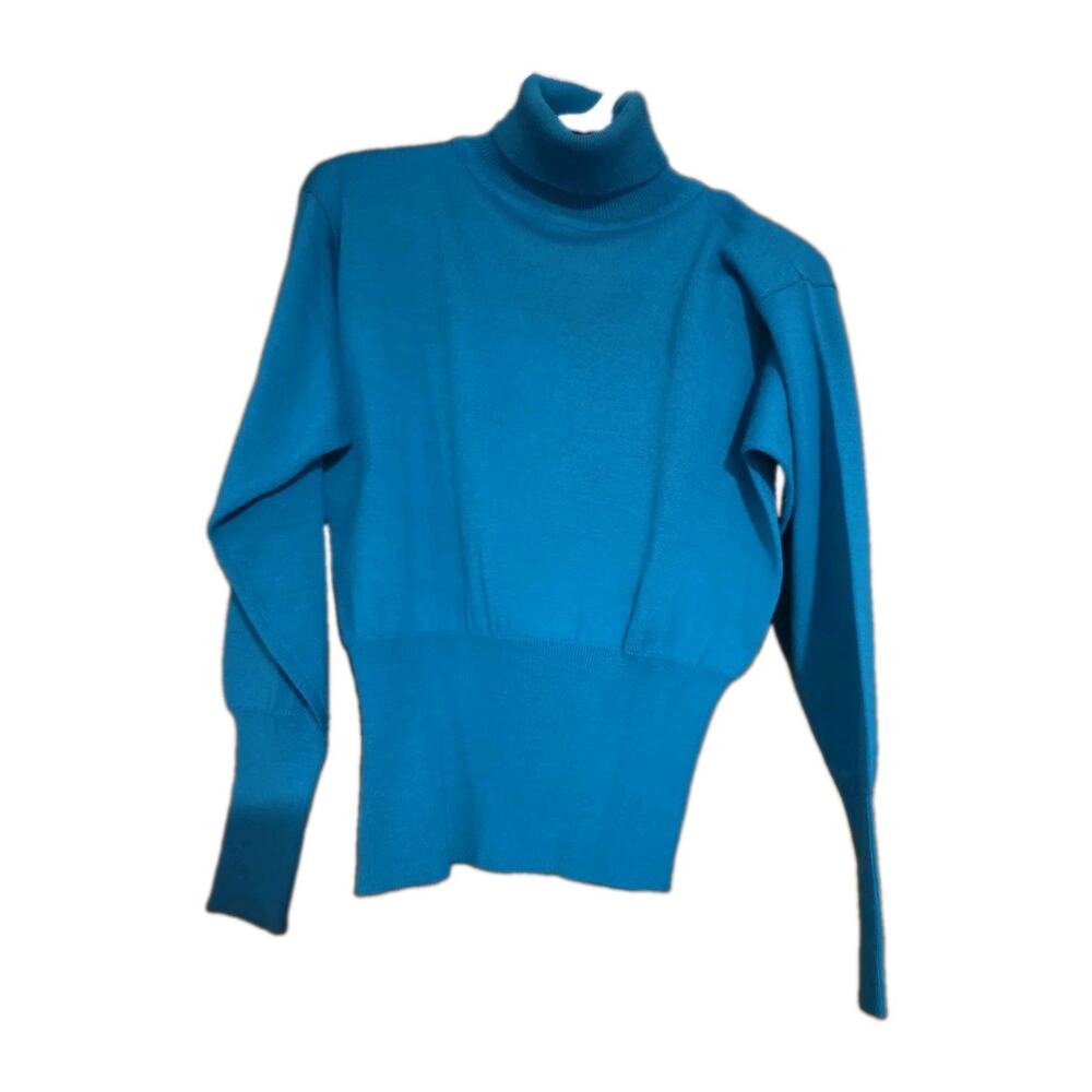 VTG 80s Meister Turtleneck Sweater Wool Blend Womans Sz Med Cinched Waist Aqua